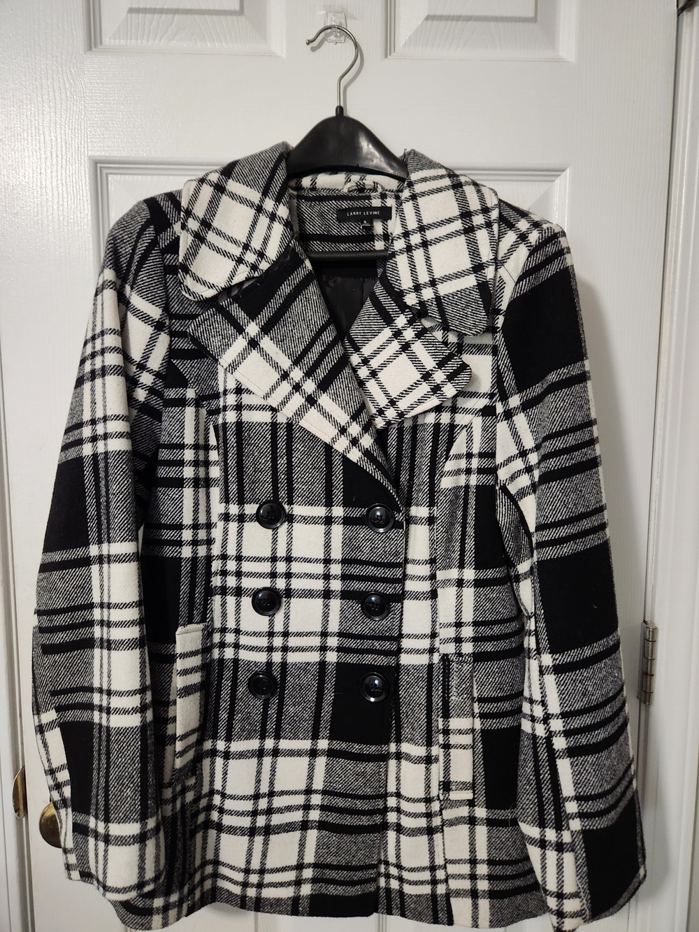 Black & White Plaid Double-Breasted Peacoat